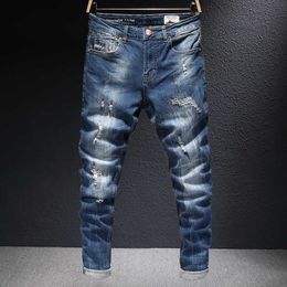 Italian Style Fashion Men Jeans Retro Dark Blue Elastic Cotton Slim Fit Ripped for Vintage Designer Denim Pencil Pants 3JLI