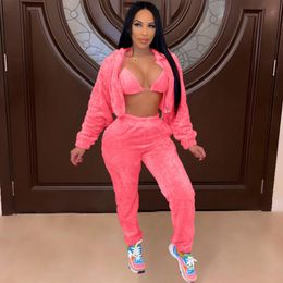 Women's Tracksuits Plush Thicken Warm Sport Suits Autumn Winter Bra Tops+long Sleeve Crop Jackets+high Waist Jogger Sweatpants 3 Piece Sets