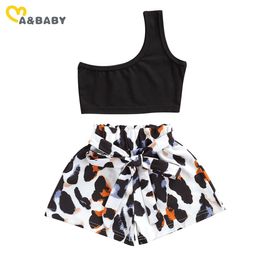 1-7Y Summer Fashion Kid Baby Girl Clothing Set One Shoulder Vest Tops Bow Leopard Shorts Outfits Costumes 210515