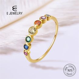E Real Sterling Silver 925 Rainbow Ring Women's Colour Cubic Zirconia Rings 14K Gold plated Wedding Jewellery 211217