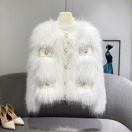 Women's Fur & Faux White Colour Fashion Warm Women Sweater Natural Raccoon Jackets Long Sleeves O Neck Wool Cardigan Coats