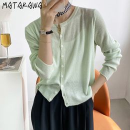 MATAKAWA Korean Style V-neck Woman Sweater Thin Knit Cardigan Women's Summer Outer Wear Cardigan Women Solid Color Jacket 210513