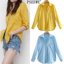 Spring Blue Basic Women Shirts Yellow Chic Rolled Up Long Sleeve Office Blouse Female Harajuku Button Shirt 210519