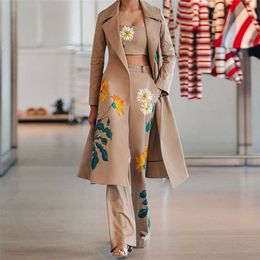 Women Long Trench Coat Sets 's Autumn Winter Fashion Temperament Print Flower Windbreaker Wide Leg Pants Suit 211105