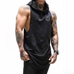 Bodybuilding Stringer Tank Top with hooded Mens Gyms Clothing Fitness Mens Sleeveless Vests Cotton Singlets Muscle Tankops 210421