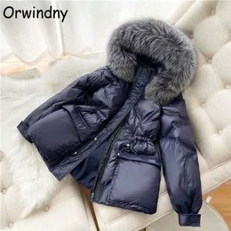 Orwindny Drawstring Slim Fashion Parkas Winter Women Office Lady Warm Jackets Snow Wear Large Fur Collar Waterproof Coats Female 211216