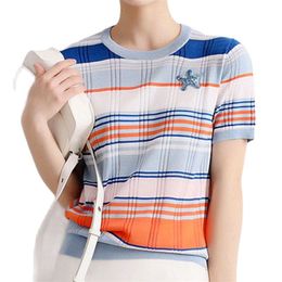 Fashion knitted t-shirt rainbow stripes are thin and ice silk all-match women's knitwear 210520