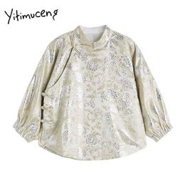 Yitimuceng Vintage Floral Blouse Women Button Up Stand Shirts Straight Oversize Clothes Spring Summer Korean Fashion Tops 210601