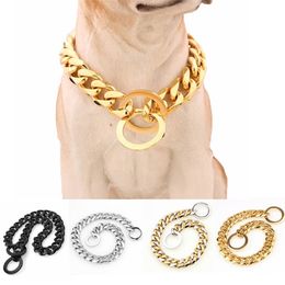 15mm Stainless Steel Dog Chain Metal Training Pet Collars Thickness Gold Silver Slip Dogs Collar for Large Dogs Pitbull Bulldog 210325