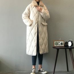 Women Down&Jacket White duck down diamond plaid parkas long warmly rabbit fur lapel outerwear coat single-breasted thickening cotton-padded kneelet Jackets