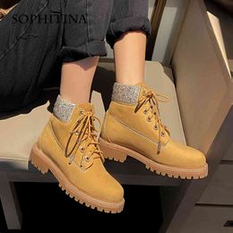 SOPHITINA Women Shoes Classics Non-Slip Wear-Resistant High Quality Work Boots Cross Tied Comfortable Ankle Boots Women SO721 210513