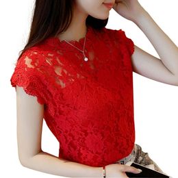 M-5XL Hollow Out Lace Blouse Elegant Shirt Ladies Tops Crochet Short Sleeve Bottoming Shirts Women Blouses Tops DF1591 210317