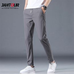 Summer Pants Mens Skinny Stretch Korean Casual Slacks Slim Fit Chino Elastic Waist Jogger Dress Trousers Male Thin 210715