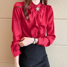 Korean Silk Women Blouses Woman Satin Ruffles Ladies Shirt Beading Top Plus Size White Shirts for 210427