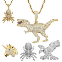 18k Gold Unicorn owl Necklace Jewelry Set Copper Diamond Cubic Zirconia Animal Owl Spider Shark Dinosaur Pendant Hip Hop Necklaces Golden Chains Boys Rap Women Men