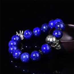 Braccialetto di fascino del quarzo della lazurite blu naturale Reiki Lapis Skull Healing Crystal Crown Gemstone Staffa Elastico Elastico Bilanciamento Energia HA