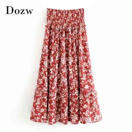 Boho Styles Floral Print Skirt Women Elastic High Waist Holiday Beach s Lady Loose Pleated Female Long Jupe Femme 210515