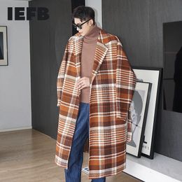 IEFB men's Plaid pattern woolen coat mid length Korean fashion silhouette autumn witner coat oversized clothes with belt 9Y4687 210524