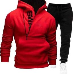 Men's Hoodies & Sweatshirts Men Tracksuit Casual 2 Pieces Sets Zipper Sweatshirt Hooded+Sweatpants Print Sportswear Mens Clothes Solid Jogge