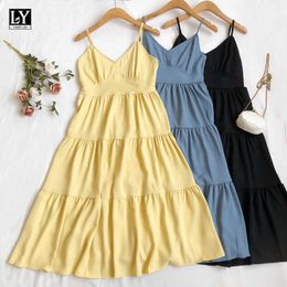 LY VAREY LIN Summer Women Sweet Solid Colour High Waist Suspender Dress Sexy V-neck Loose Female Medium Length Dresses 210526