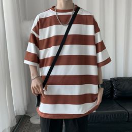 Summer Round Neck Striped Men Tshirt Short Sleeve For Male Casual Loose Couple Fashion Tops Cotton