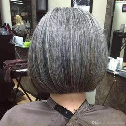 Salt and pepper color silver gray short bob human hair wig with bang machine made softly