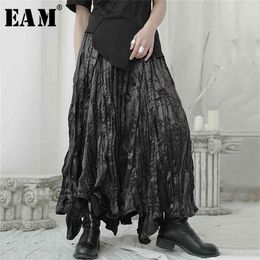 [EAM] High Elastic Waist Black Pleated Irregular Long Temperament Half-body Skirt Women Fashion Spring Autumn 1U965 210619
