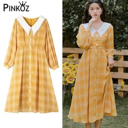 Plaid Elegant Dress Spring Women Long Sleeve High Waist Vintage Female Korean Style One-Piece Fashion Lady Yellow 210421