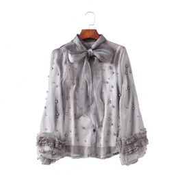 Women Long Sleeve Bow Collar Gray White Black Solid Shirt Highstreet See Through Beading Pearl B0266 210514