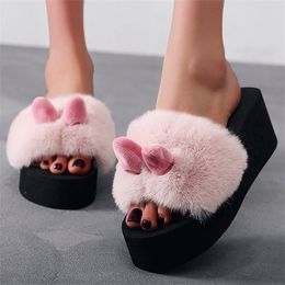 Fashion Slippers Beach Rabbit Ear Women Slip-on Open Toe Wedges Warm Winter Slipper Bedroom Non-slip Soft Home Plush Shoes Y1120