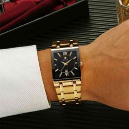 Fashion Stainless Steel Watches Men WWOOR Square Waterproof Quartz Watch Men Top Brand Luxury Gold Black Wristwatch For Man 210329