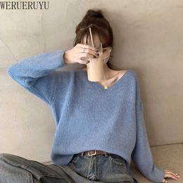 WERUERUYU V Neck Casual Sweater Long Sleeve Loose Korean Style Solid Colour Sweater Oversized Knitting Tops Female 210608