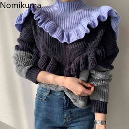 Nomikuma Pull Femme Korean Hit Colour Ruffle Patchwork Knitted Pullovers Causal Long Sleeve Half Turtleneck Women Sweater 6C763 210427