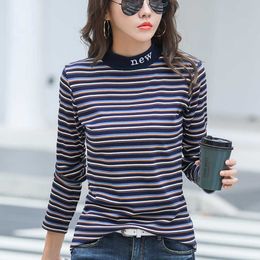 Letter Embroidery Autumn Tops Long Sleeve Striped T Shirt Women T- Half Turtleneck Fall Clothes Tee Female 210615