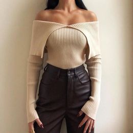 Spring Tops With Exposed Shoulders Fitted Knitted Sweater Women Vintage V Neck Long Sleeve Female Pullovers Slim Chic Tops 210521