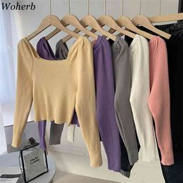 Vintage Puff Sleeve Cropped Knitted Sweater Women Korean Chic Solid All Match Stretch Slim Knitwear Spring Jumper 210519