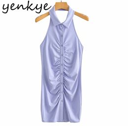 Sexy Backless Halter Dress Women Vintage Solid Front Draped Knit Bodycon Mini Summer Vestido 210514