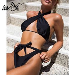 In-X Halter bikini set Solid swimwear female Bandage 2 pieces set Brazilian swimsuit women High cut bathing suit biquini 2021 X0522