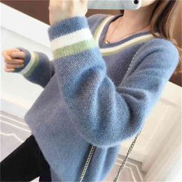 [Chenille] + [Faux Mink Hair] Lazy Wind Thick Sweater Schoolgirl Korean Loose Winter 210427