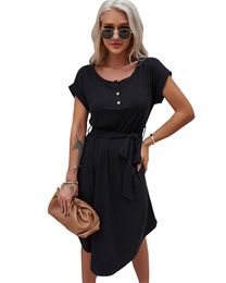 Fashion summer casual midi knit dresses for women short-sleeved slim-fit base dress A-Line Solid dresses womens vestidos 210514