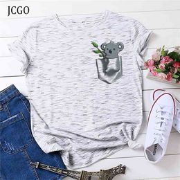 JCGO Women Summer Short Sleeve T-shirt Plus Size S-5XL Oversized Cute Koala Print Casual 100% Cotton O Neck Lady Tees Tops 210324