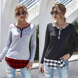 Crew Button Stitching Fake Two Piece Solid Colour Plaid Long Sleeve T-shirt Fall Casual Fashion Pullover Top Plus Size 210522
