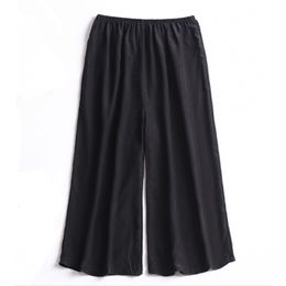 Women's 100% Pure Silk Crepe Silk Black Elastic Waist Capri Pants Trousers with pockets JN553 Q0801