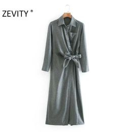 Zevity Autumn Women Fashion Solid Colour Breasted Bow Tied Midi Shirt Dress Lady Chic Long Sleeve Casual Business Vestido DS4576 210603