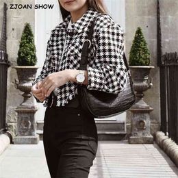 2121 Spring Check Plaid Short Jacket Vintage Women Lapel Pockets Single Breasted Draped Coat Cool Outerwear 210429