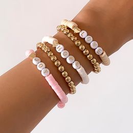 Charm Bracelets IngeSight.Z 5Pcs/Set Candy Color Soft Clay Acrylic Letter Bangles Multi Layered Beads Chain Bracelet For Women Jewelry