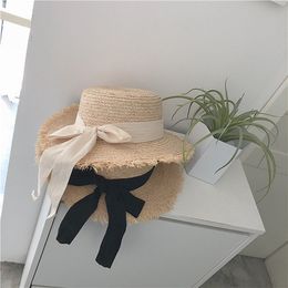 Women Bowknot Raffia Flat Hat Summer Beach Vacation Cap Outdoor Sun Protection Casual Caps Vintage Sweet Wide Brim Hats