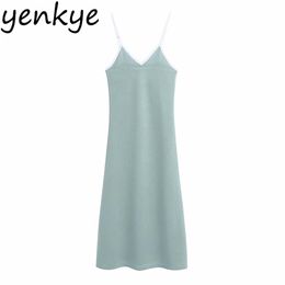 Vintage Light Green Long Knit Dress Women Sleeveless V Neck Pencil Sexy Female Summer Night Out Vestido 210514