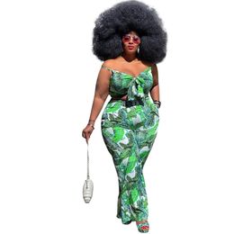 Neon Green Printed Sexy Two Piece Set For Women XL-4XL Crop Top Tee And Wide Leg Pants Trousers Wholesale Plus Size Clothing 210525