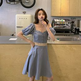 High Quality Women Summer Casual Blue Lace Patchwork Dresses Elegant Square Collar Puff Sleeve Knee-Length Party Dresse 210514